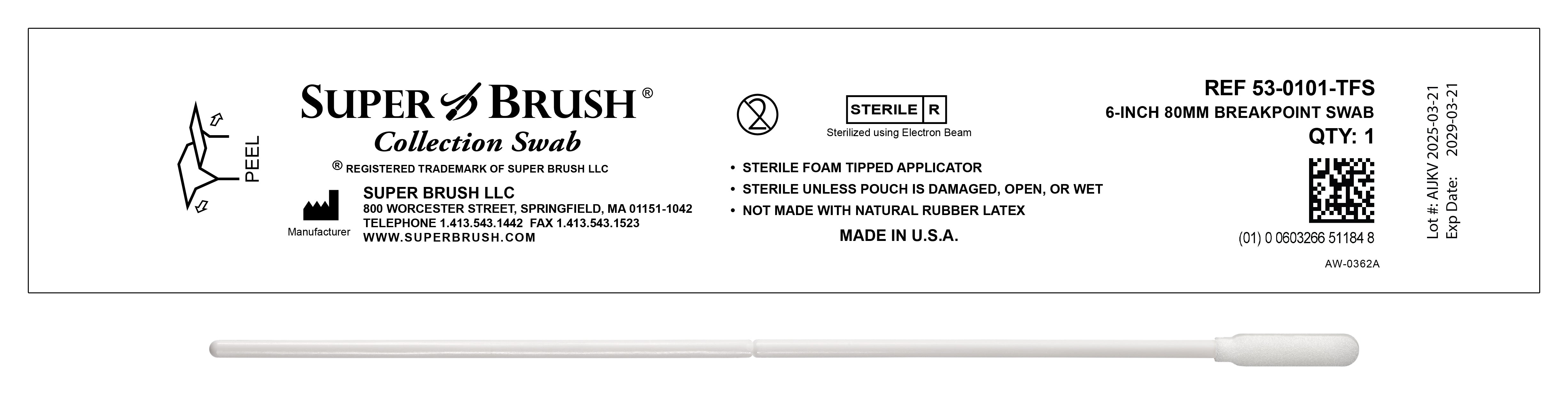 (New) Case of 1,500 Swabs - 6" Narrow Mitt 80mm Breakpoint Sterile Sample Collection Swab: 53-0101-TFS-CS