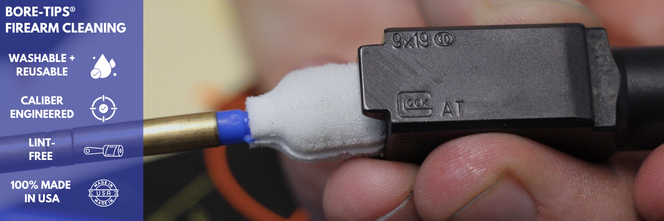 Swab-its firearm cleaning products - all made in the USA. Lint Free, Caliber Engineered, and Washable and Reusable!