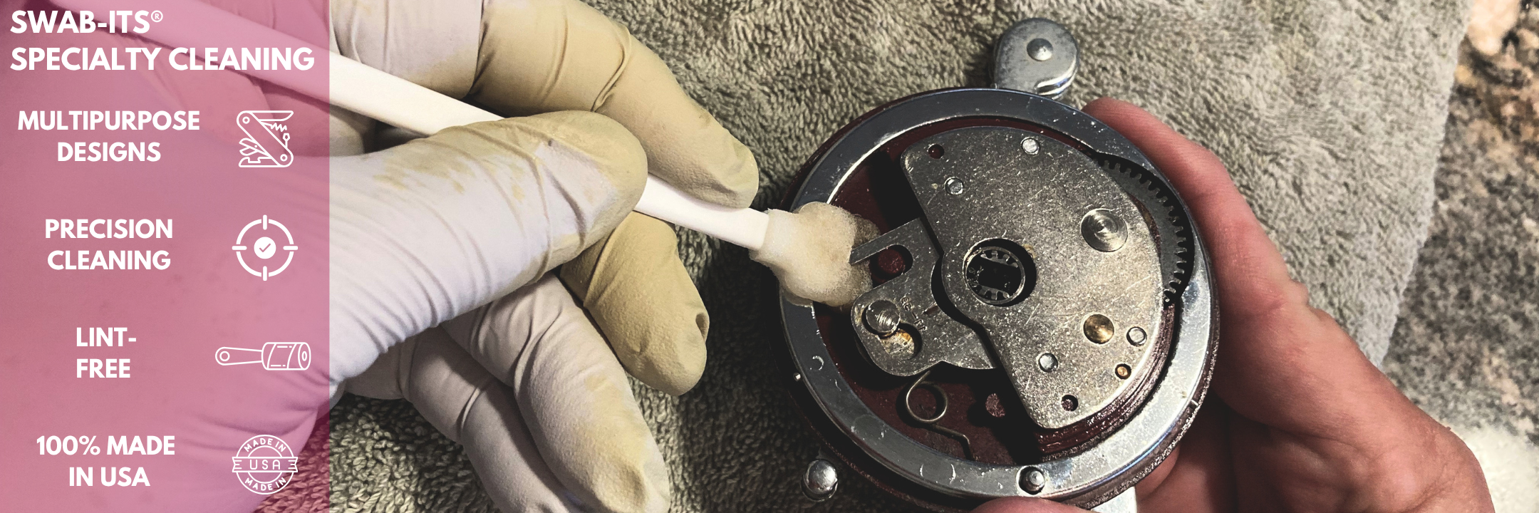 Person cleaning a mechanical component with a swab, with Swab-It's specialty cleaning product on the side.