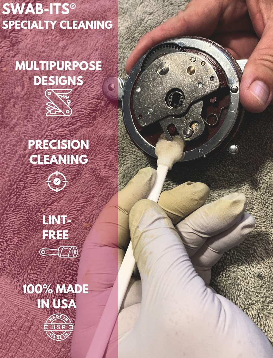 Cleaning swab with text about specialty cleaning, multipurpose designs, precision cleaning, lint-free, and made in USA.