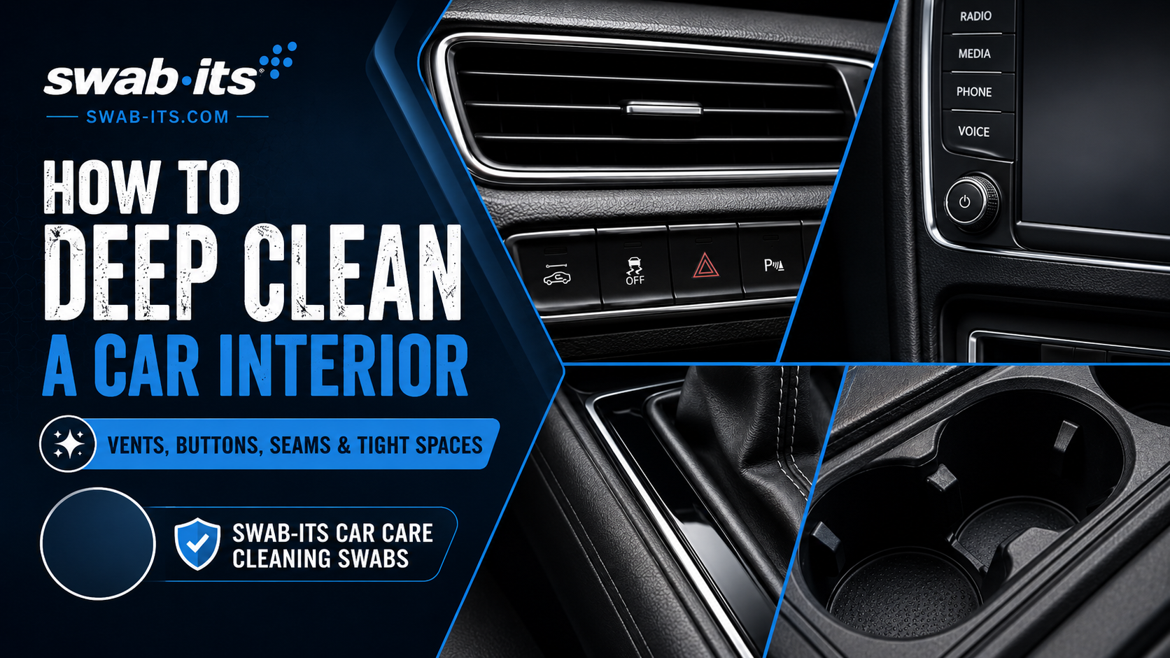 Swab-its car interior deep cleaning guide featuring close-up views of air vents, dashboard buttons, console seams, infotainment controls, and cup holders.