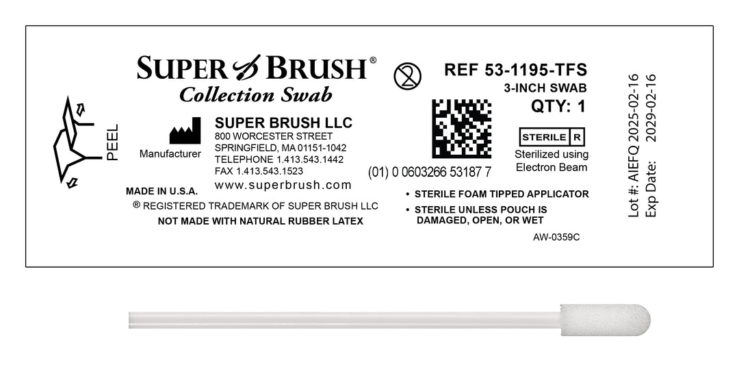 Super Brush Collection Swab packaging with label and swab visible