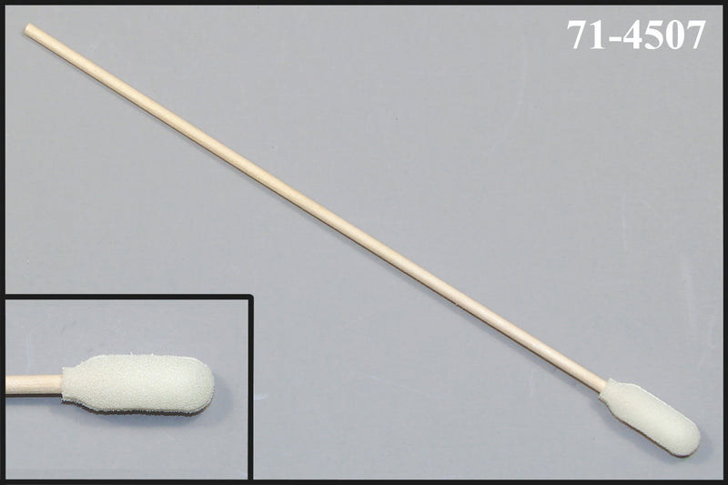 (Bag of 50 Swabs) 71-4507: 6” Overall Length Foam Swab with Narrow Foam Mitt Over Cotton Bud and Birch Wood Handle