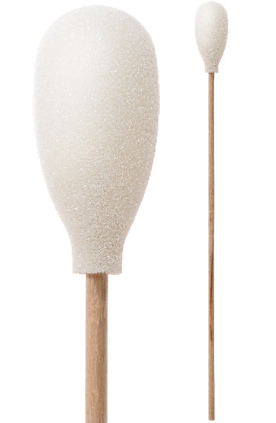 71-4509: 6” Overall Length Swab with Teardrop Shaped Mitt Over Cotton Bud and Birch Wood Handle engineered for precision cleaning and application with less static charge build-up.